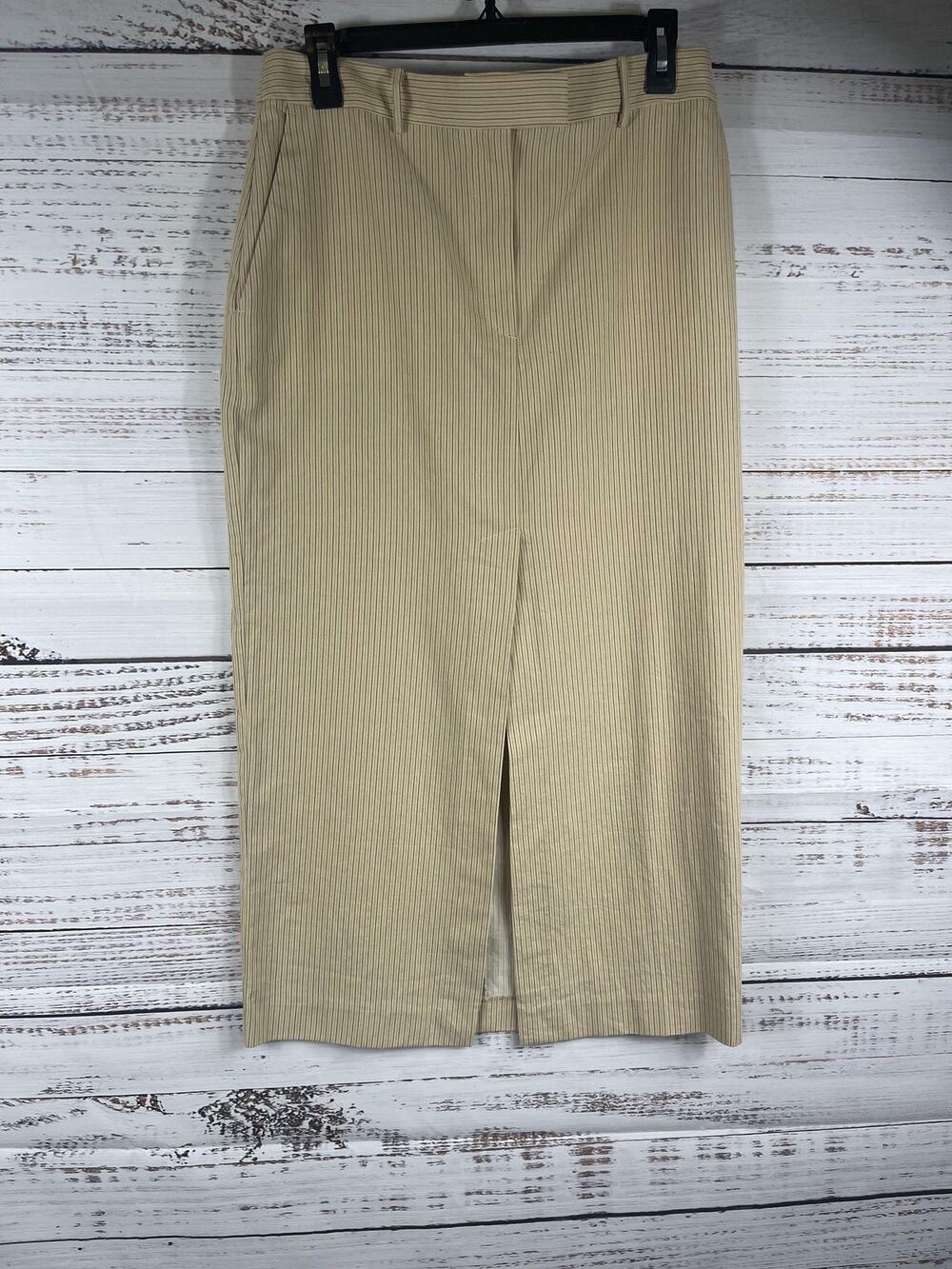 Zara Skirt Womens Medium Beige Stripe Long Pencil Front Slit Pockets Workwear